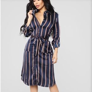 Navy white and brown striped midi dress